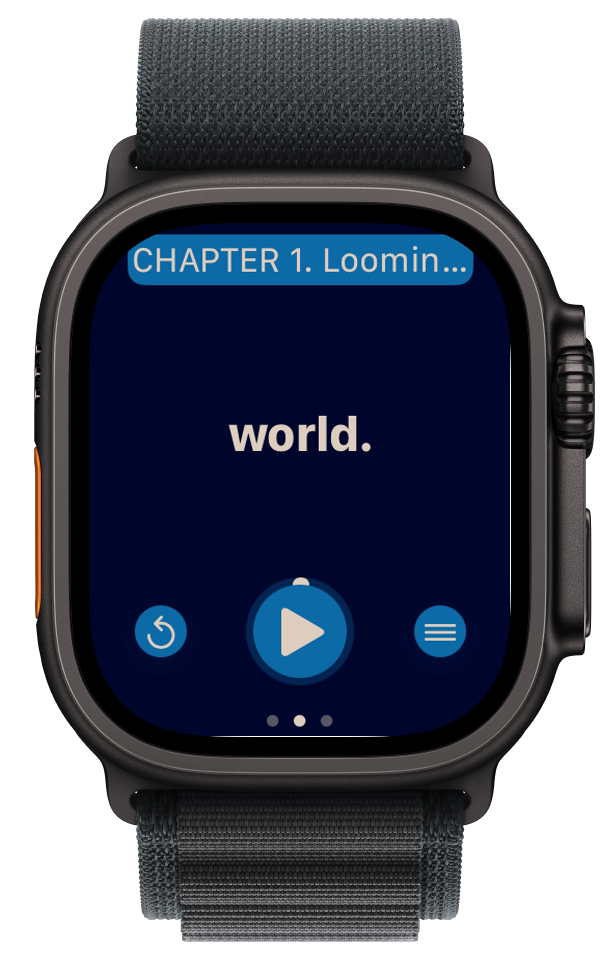 EPUB Reader for Watch in dark mode showing RSVP speed reading on Apple Watch Ultra with black band